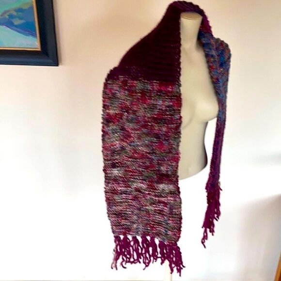HAND CRAFTED Luxury yarn chunky knit scarf multi color wool plum orange fringe - Picture 5 of 16